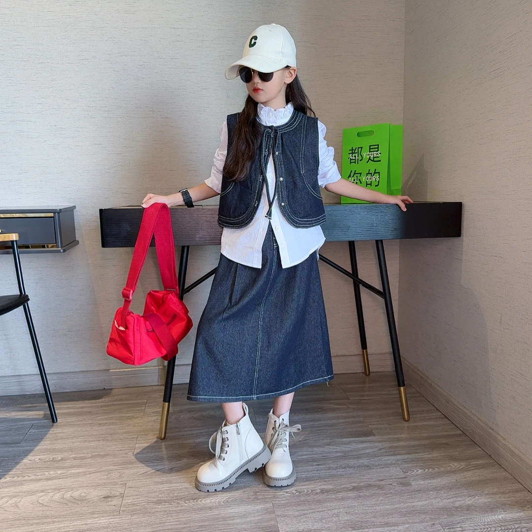 女童套装2025新款洋气童装女孩时尚百搭秋季马甲牛仔裙衬衫两件套