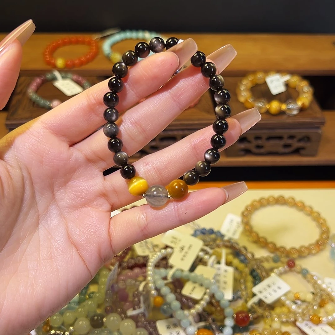 水晶手链银S925镶嵌银曜石1008