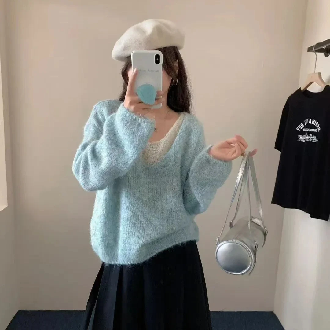 软糯套头毛衣秋冬季外搭女韩版短款V领宽松假两件针织衫上衣显瘦