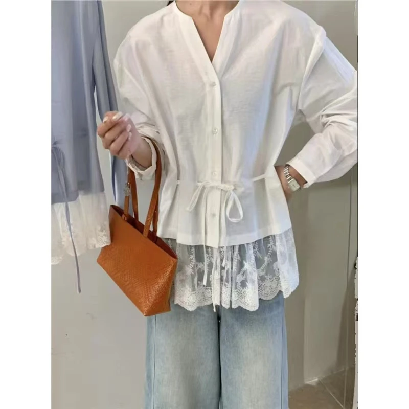 韩系v领蕾丝拼接设计感衬衣气质收腰百搭系带上衣