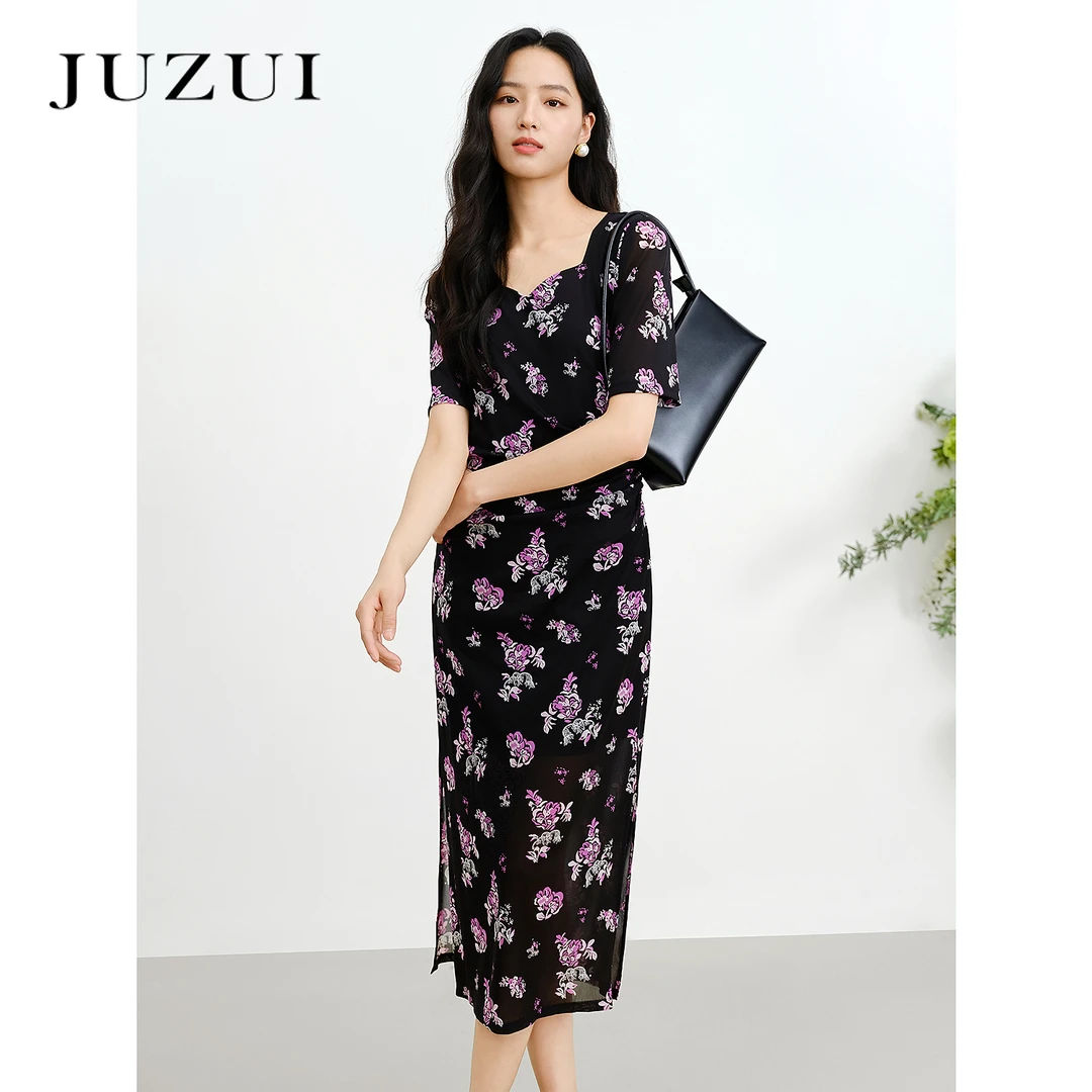 JUZUI玖姿新中式纱罗碎花连衣裙女2025夏季新款JWFX50084