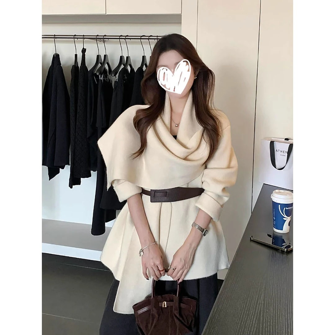 韩系气质松弛氛围感围巾领针织开衫外套设计感不规则外套(配腰带)