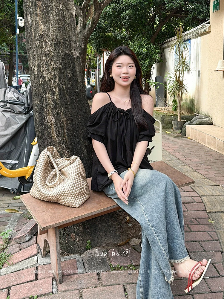 【雾未尽】夏季气质吊带露肩衬衫女时尚显瘦一字肩设计感荷叶边上衣