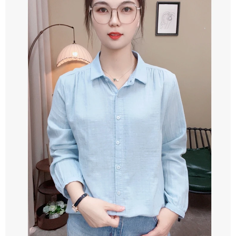 纯棉长袖纽扣上衣常规宽松型薄款尖领衬衫女白衬衣纯色春秋打底