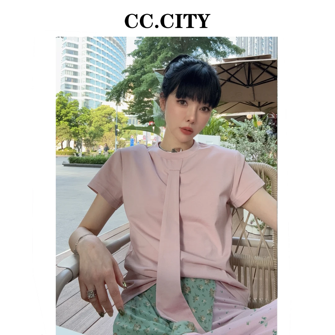 【蔡丽丽 & 添羽 】时尚洋气百搭个性弹力针织领带上衣6x787