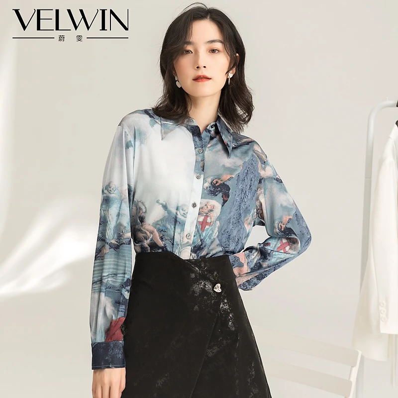 velwin蔚雯春秋新款复古印花时尚百搭经典衬衫女LECC401C13