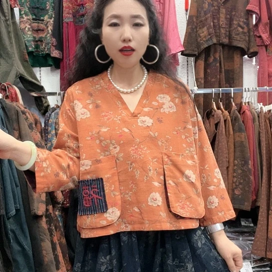 织绣招财猫麻上衣两面穿