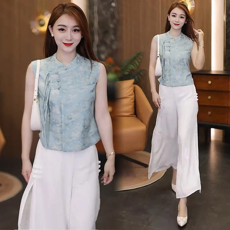 新中式国风时尚套装女2025夏季新款洋气显瘦盘扣衬衣阔腿裤两件套