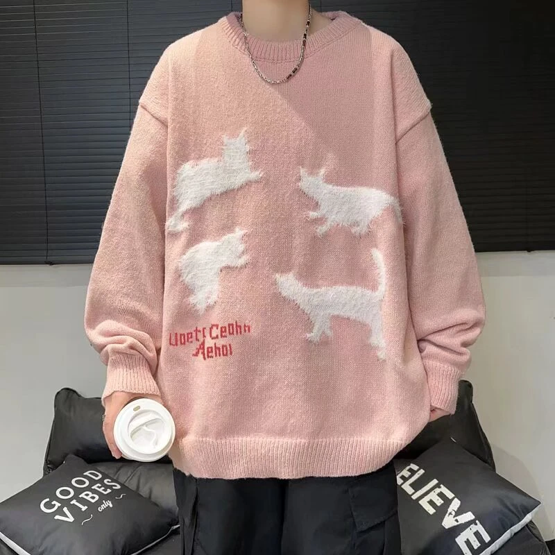 美式复古可爱小猫圆领毛衣男女秋冬新款慵懒风宽松休闲情侣针织衫