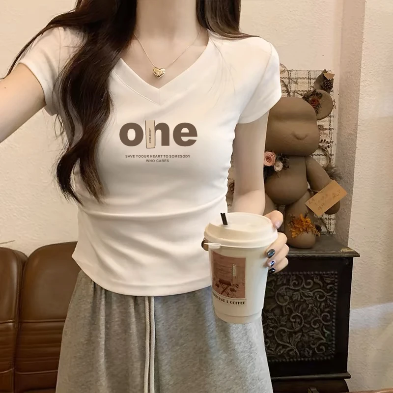 不规则褶皱V领短袖t恤女夏季设计感修身短款小个子正肩体恤上衣