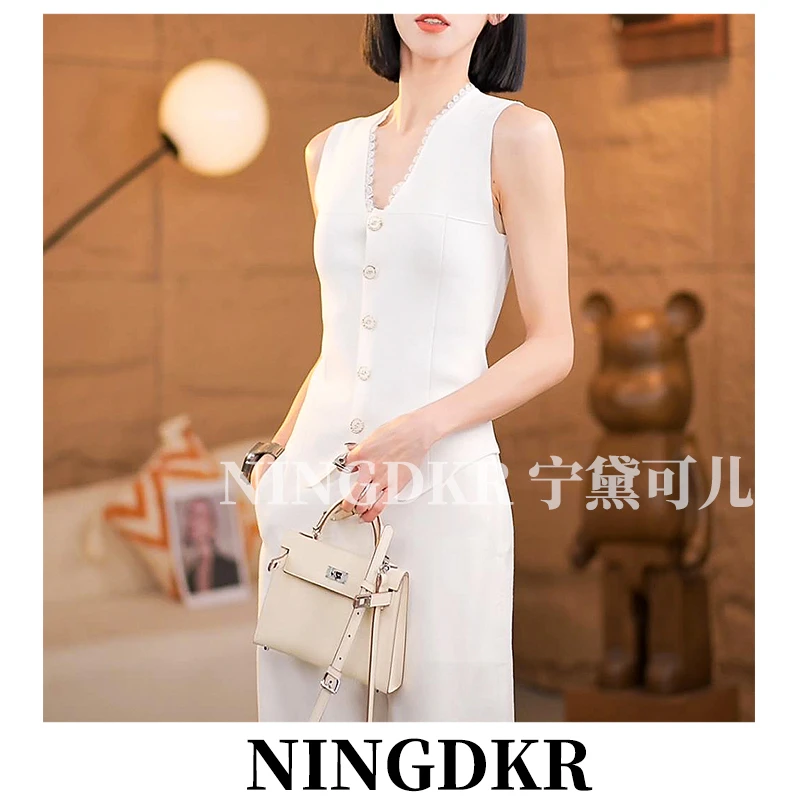 宁B10222法式气质V领蕾丝针织马甲背心女修身显瘦单排扣无袖上衣