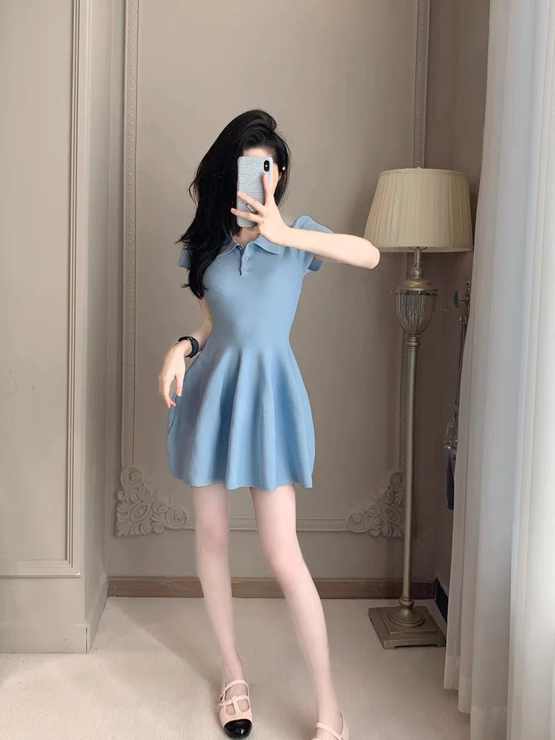 纯色翻领短裙吊带常规袖连衣裙韩版遮肚中长款气质
