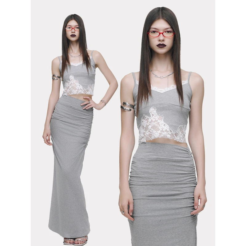 SUMIYAKI 27 蕾丝吊带外穿背心女灰色包臀裙基础百搭修身两件套