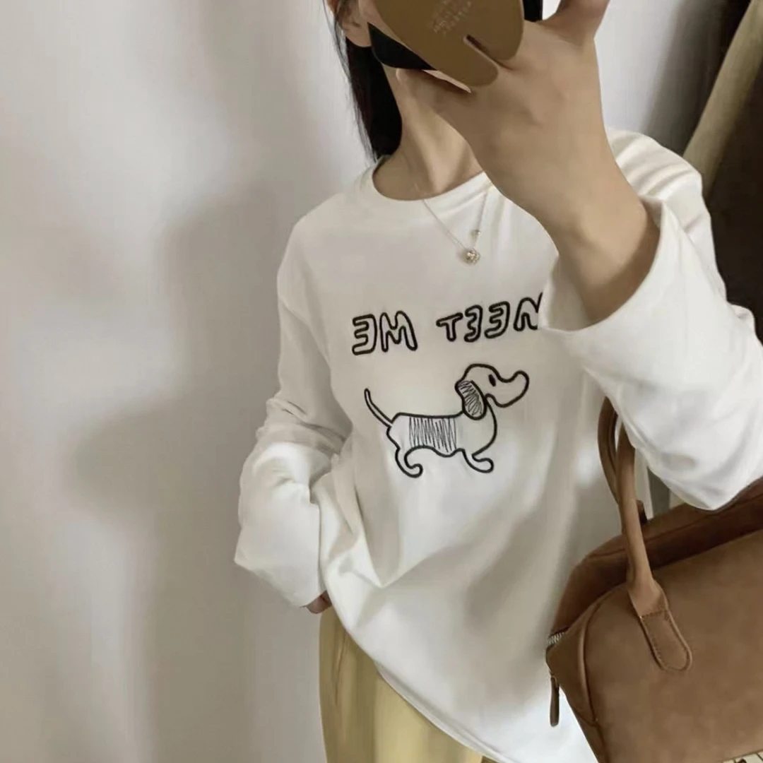 韩国设计感～云朵棉磨毛小狗刺绣长袖T恤女宽松休闲百搭打底衫