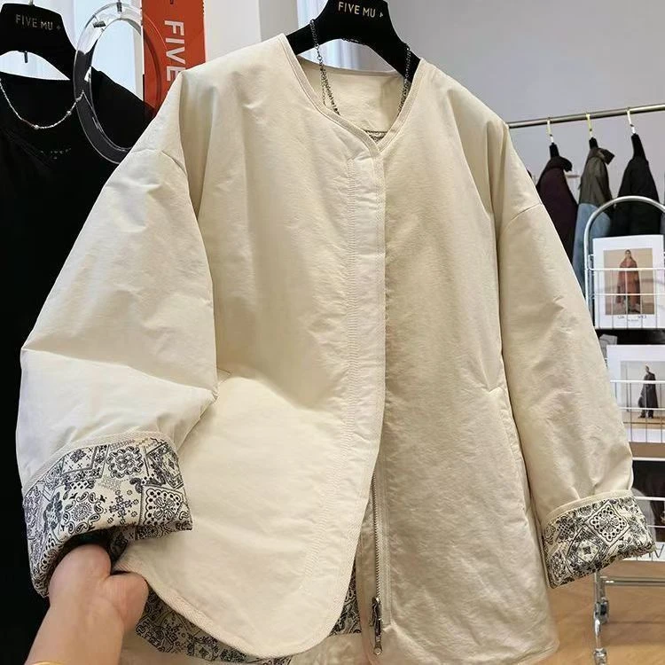 复古棉服常规耐磨气质厚款棉衣拼接百搭女圆领设计感韩版立领