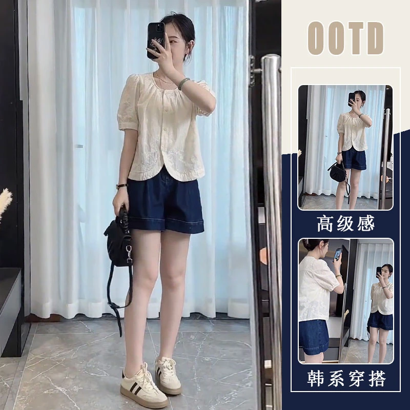 夏日穿搭一整套时尚韩系设计感短袖衬衫女高腰显瘦牛仔短裤两件套