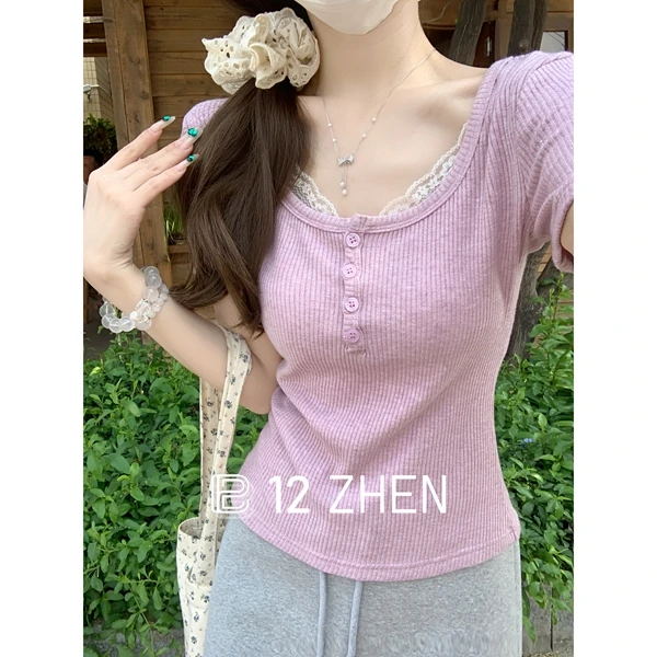 2025夏季韩版纯欲方领蕾丝边纽扣设计感纯色百搭短袖T恤上衣女