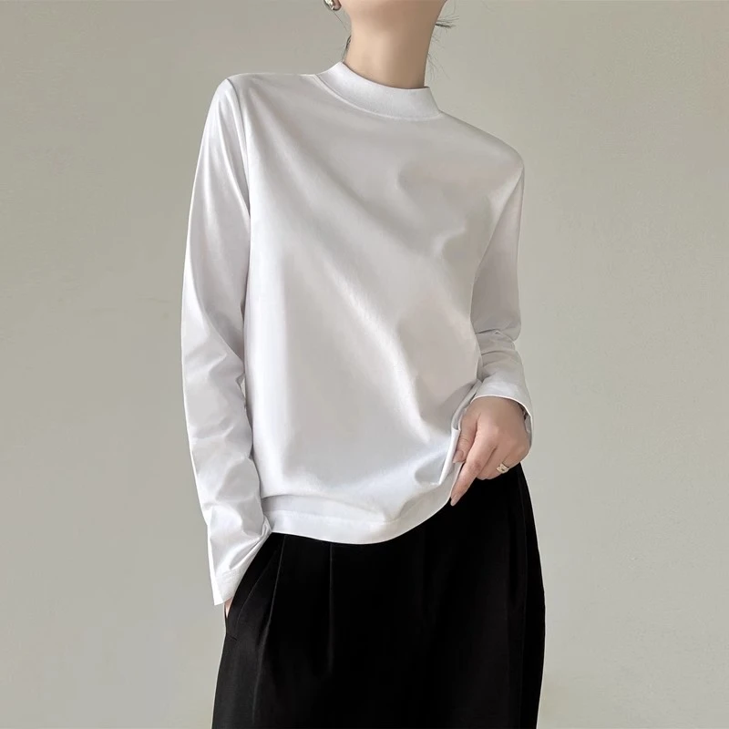 极简棉质半高领t恤女长袖立领后缝线通勤宽松中领打底衫叠穿上衣
