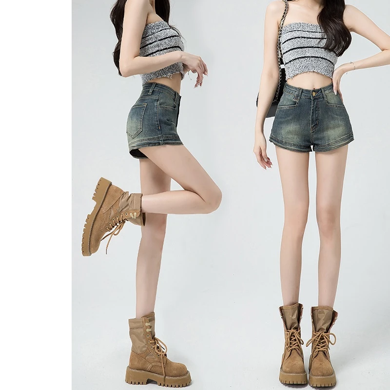 美式复古牛仔短裤女夏季薄款外穿高腰紧身弹力a字超短辣妹热裤子