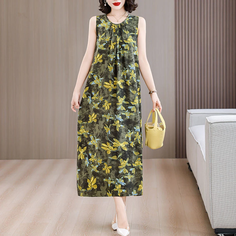 棉绸连衣裙女夏季时尚新款背心无袖宽松显瘦大码碎花裙子遮肚长裙