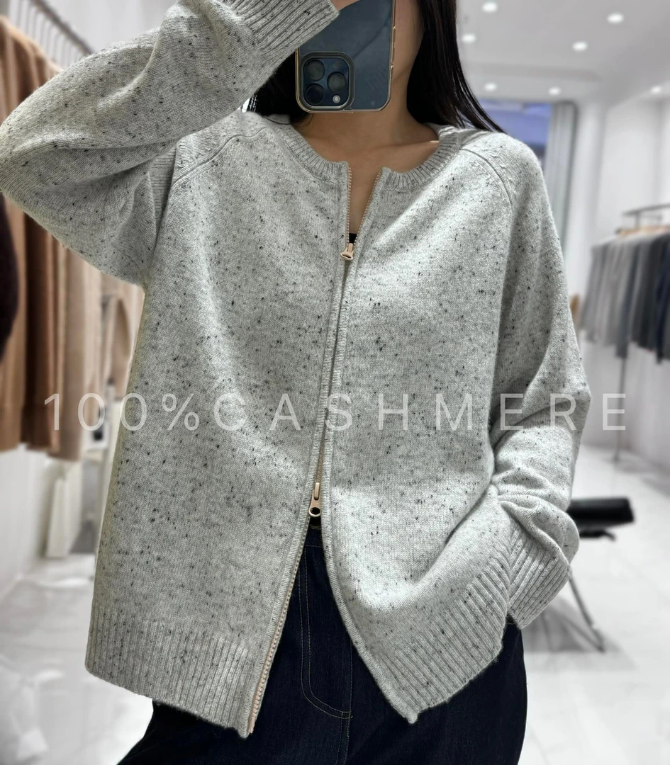 L*P同款康赛妮花纱系列100%山羊绒拉链开衫加厚羊绒外套针织百搭