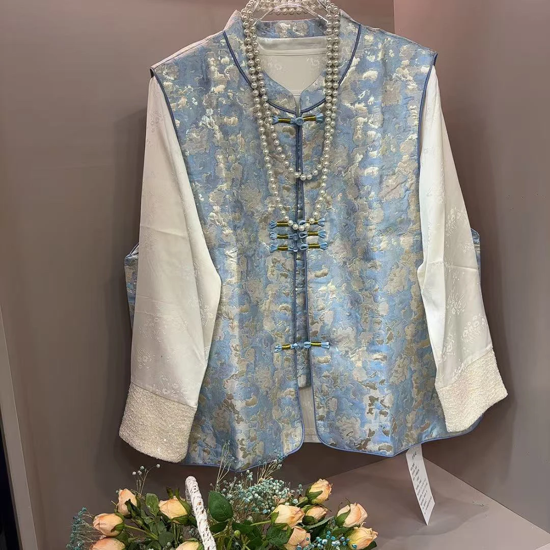 2025春季新中式大码盘扣国风背心浮雕提花马甲