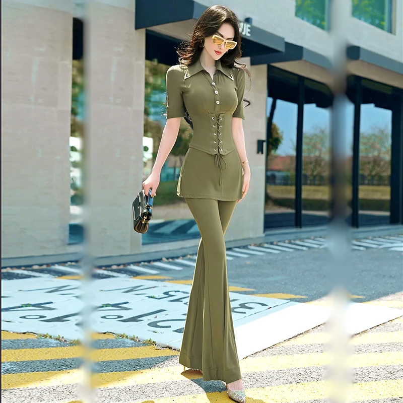 夏季欧美抽绳短袖上衣微喇叭裤两件套2025新款轻熟风通勤穿搭套装