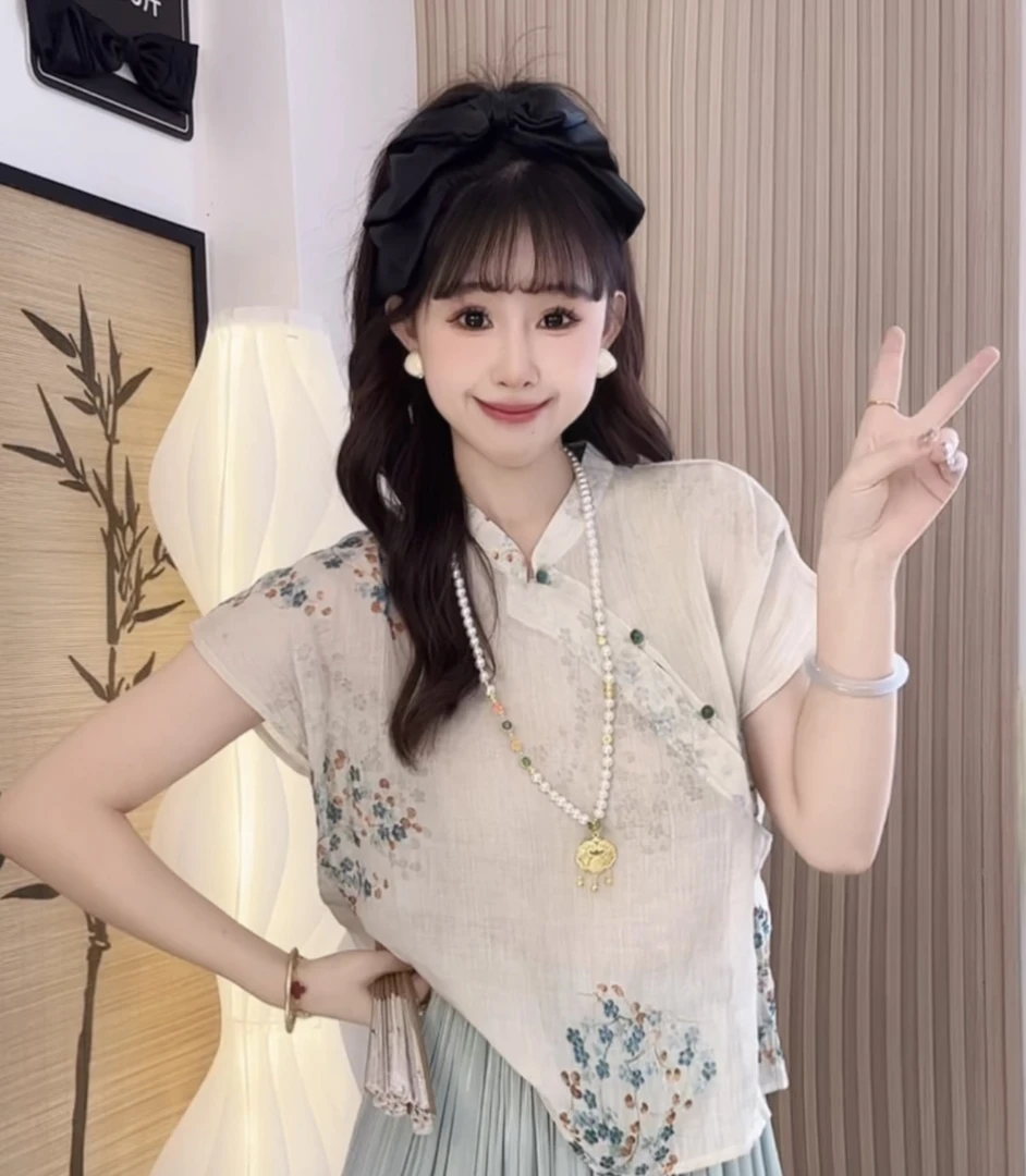 【娇眉恨】新中式轻国风夏季禅意年轻文艺清冷茶服短款小飞袖上衣