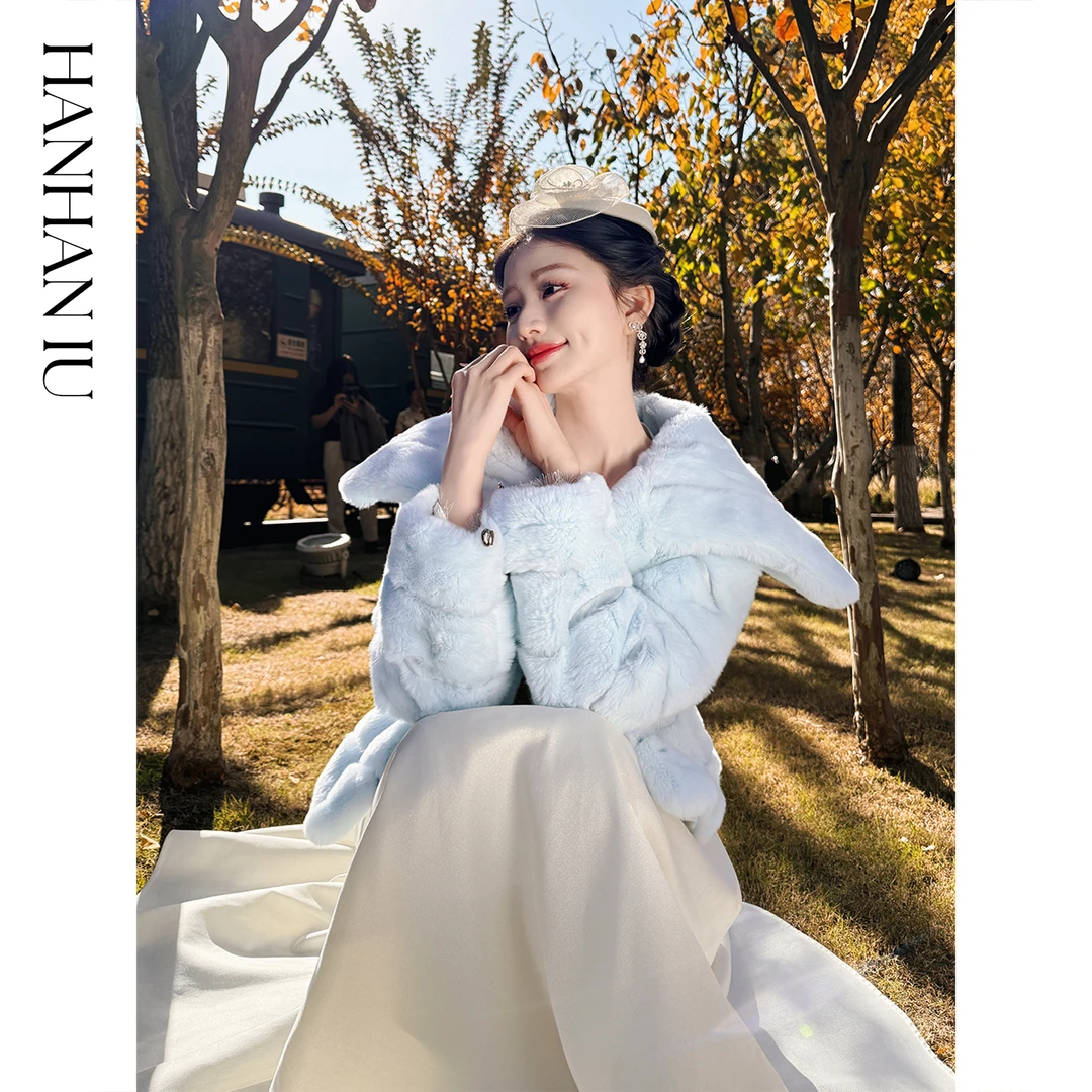 韩韩IU【冰蓝甜心】高定雷克斯獭兔毛修身显瘦女士大翻领皮草外套