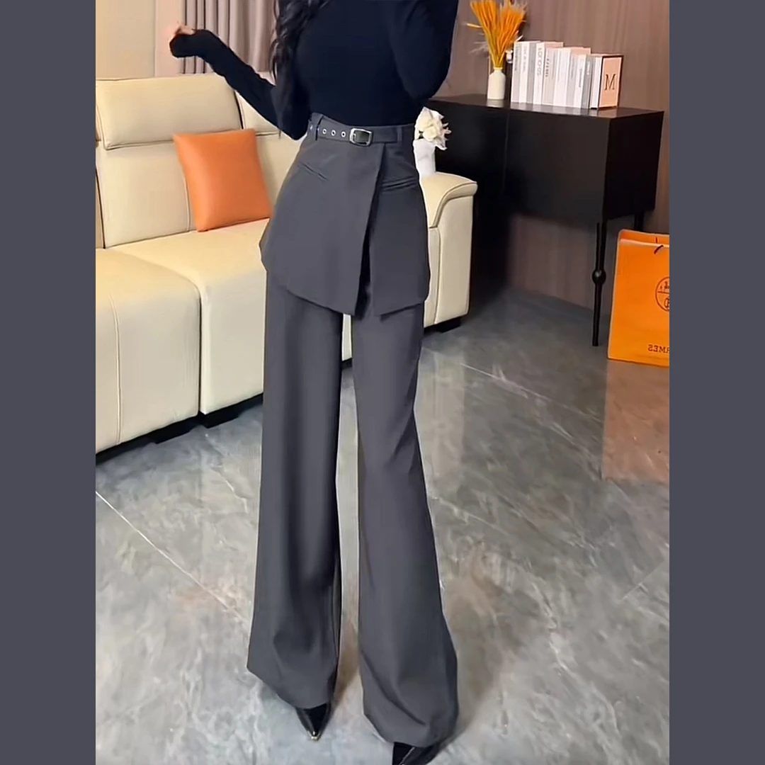 设计感假两件拼接西装阔腿裤女秋冬新款高腰垂感遮肉加厚毛呢长裤