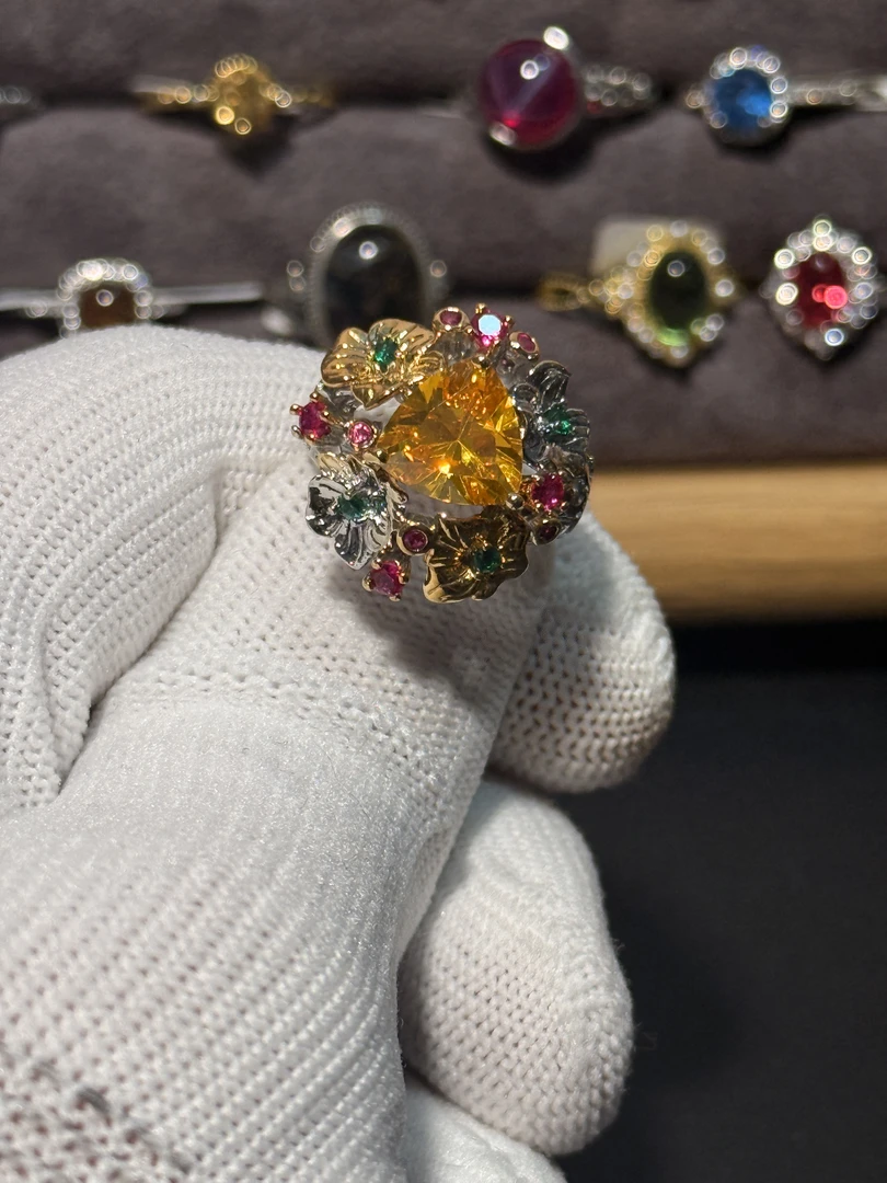 合金戒指 铜镀银经典女戒银色活扣原创设计镶嵌拼色气质时尚彩色