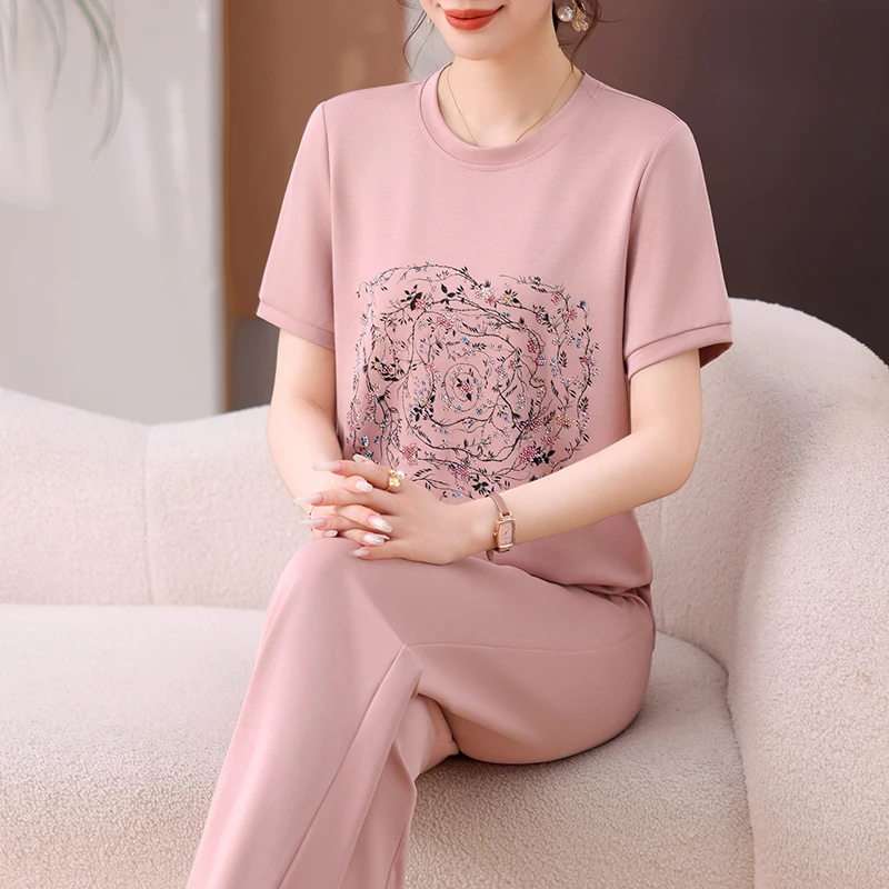 休闲运动套装女夏2025洋气新款气质妈妈时尚圆领印花短袖长裤两件