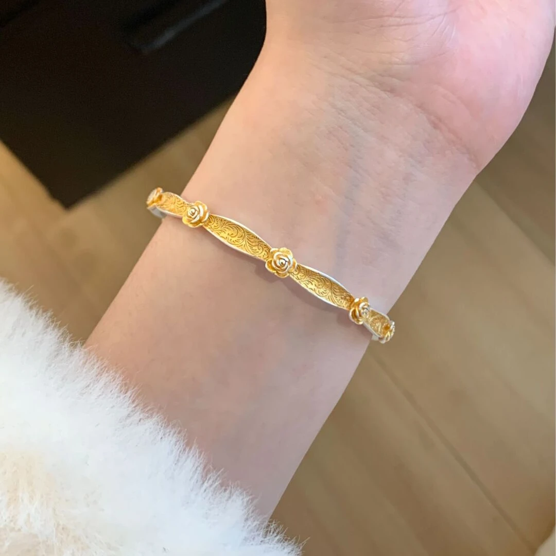 足银手镯 描金卷草纹玫瑰开口手镯