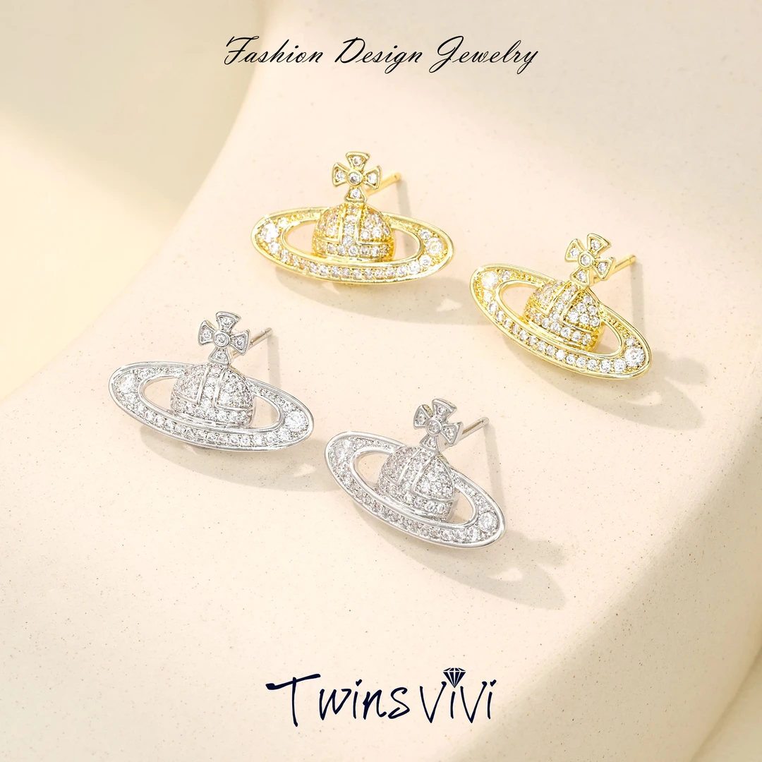铜合金合成锆石耳饰 Twins VIVI 耳饰 银色/金色土星耳钉/A02741