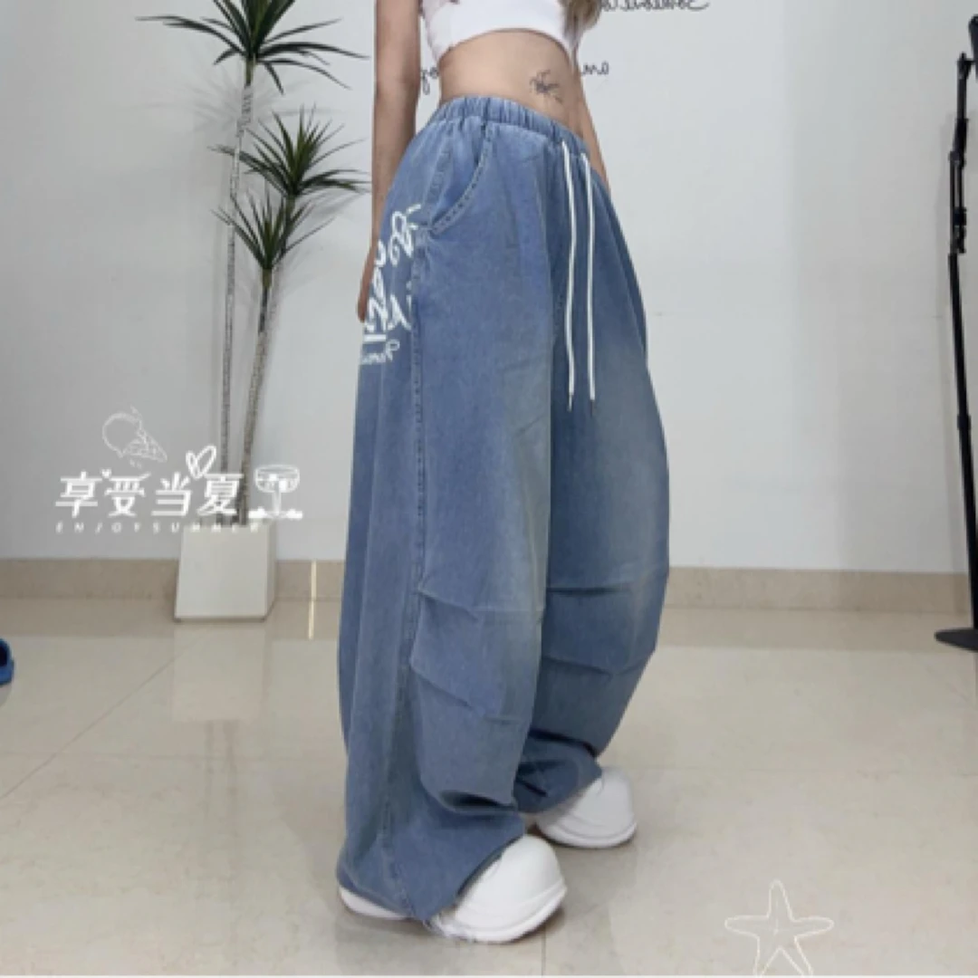 L0008潮牌嘻哈复古牛仔裤美式阔腿休闲裤街舞爵士广场舞宽松长裤