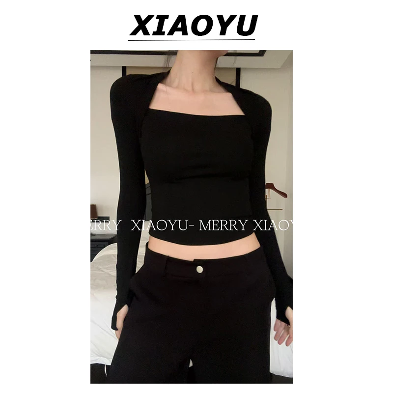 【小鱼】辣妹拼接收腰设计感挂脖修身长袖T恤女辣妹慵懒纯欲风上衣