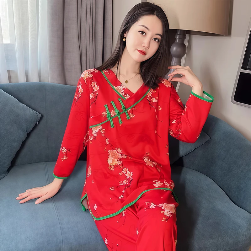 睡衣女大码民族风碎花休闲宽松中国风东北大花印花长袖家居服套装