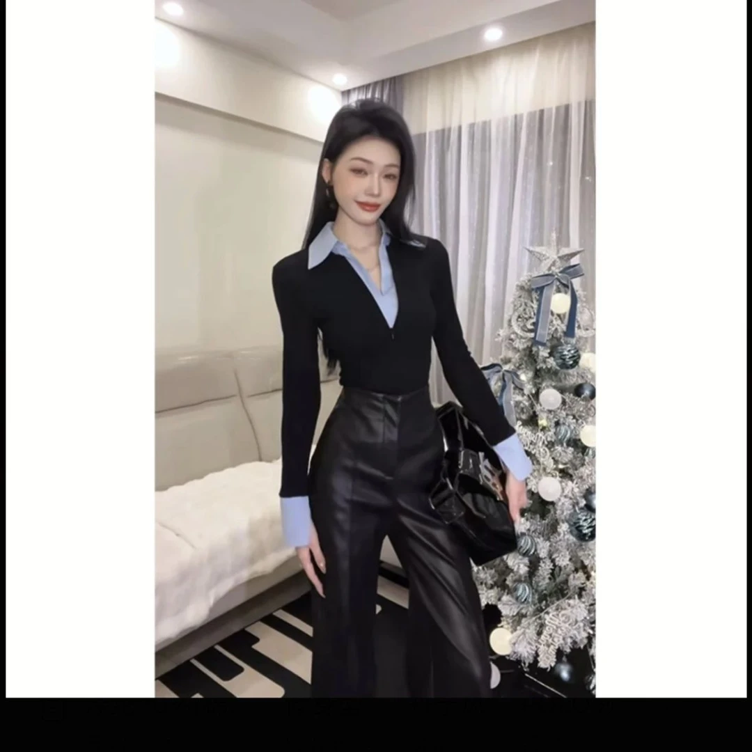 2025春秋季新款修身打底衫显瘦遮肉长袖撞色拼接假两件T恤上衣女