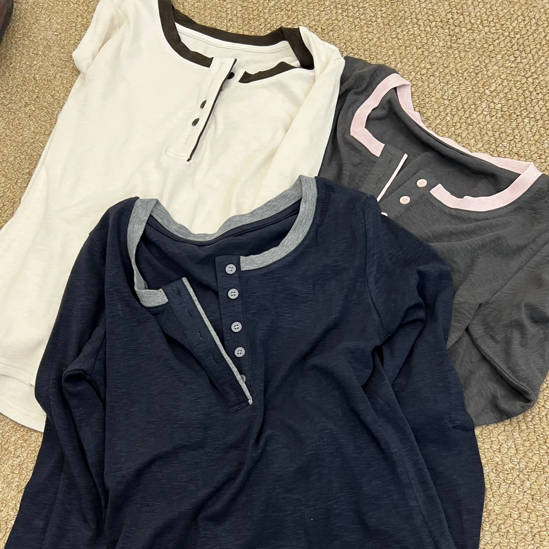 LA17美式复古拼接撞色修身长袖T恤女春秋季显瘦内搭打底衫251021