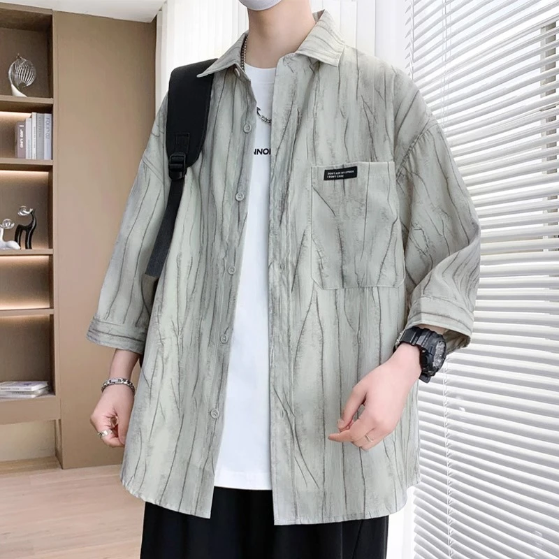 七分袖透气衬衫男夏季冰丝短袖衬衣外套男青少年痞帅休闲港风上衣