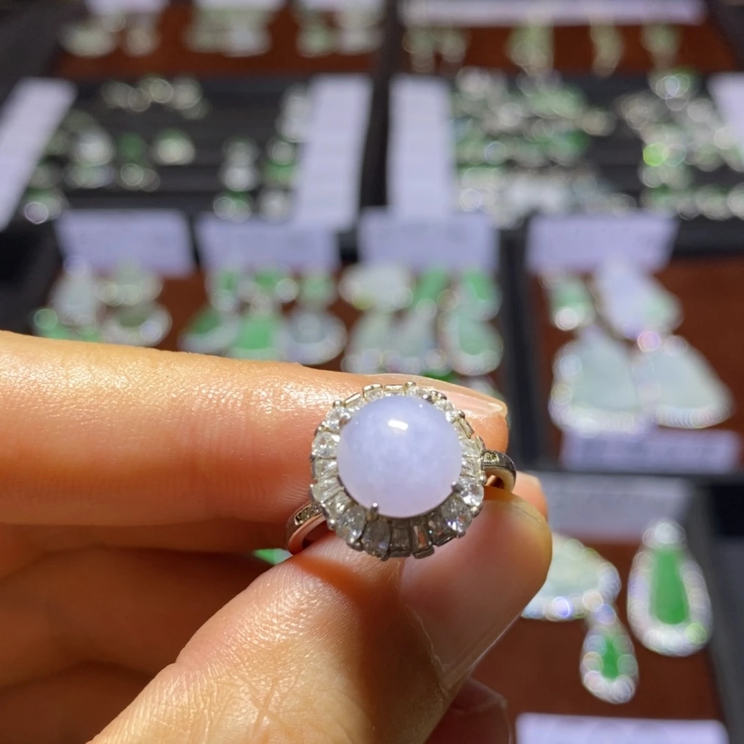 翡翠戒指银S925镶嵌淡紫戒指