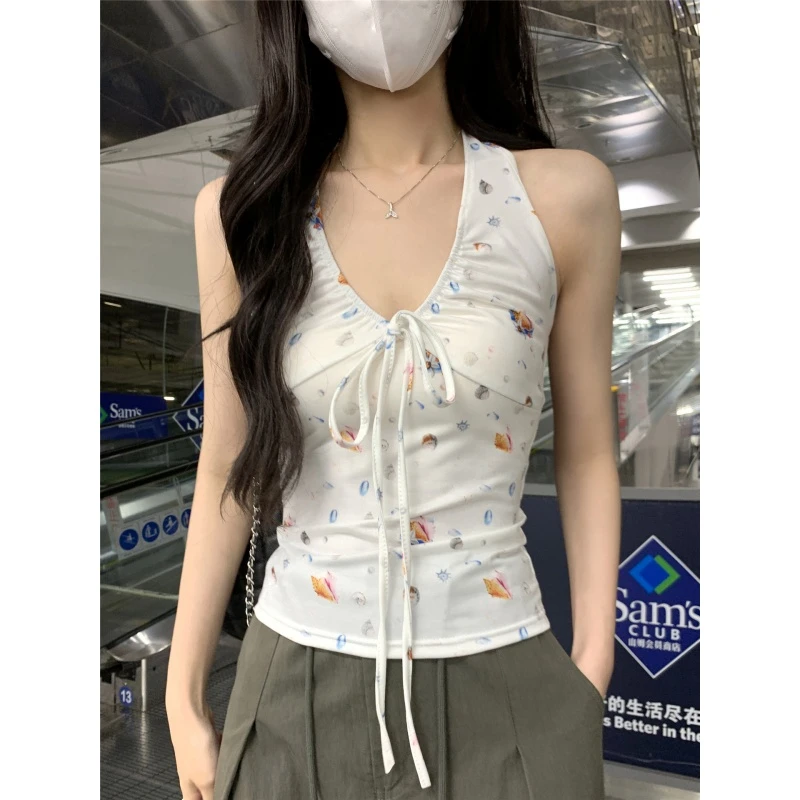 纯欲甜辣贝壳印花挂脖吊带背心女夏季外穿蝴蝶结独特绝美无袖上衣