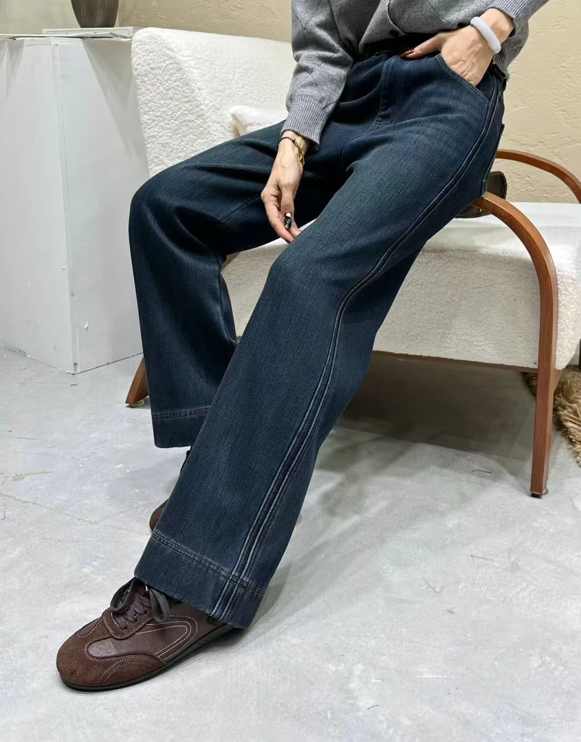 925松紧高腰窄版显瘦加绒休闲牛仔裤复古软牛仔直筒裤