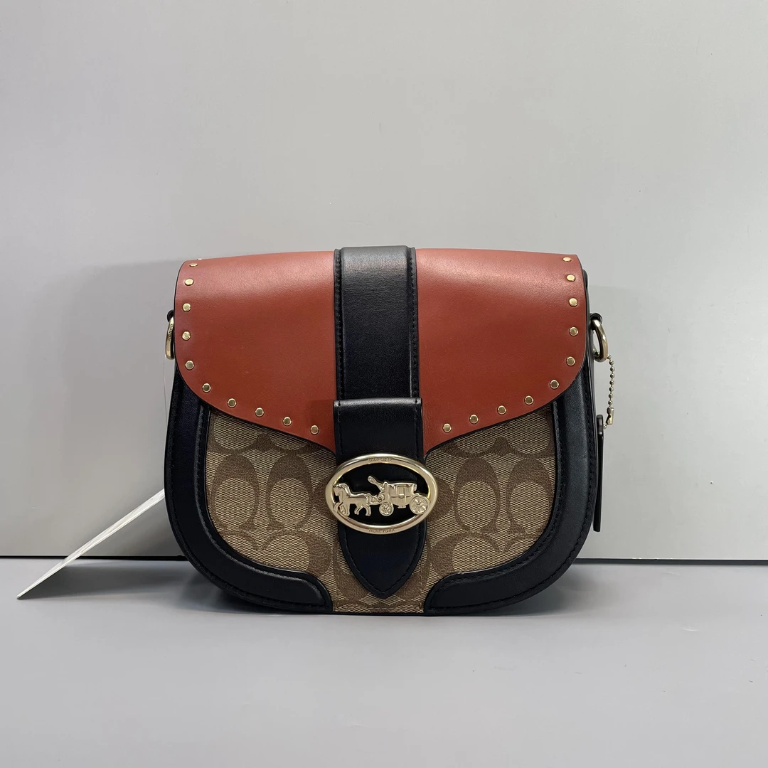 95新 COACH/蔻驰 georgie红棕老花铆钉马鞍包 21*18*7cmE010210