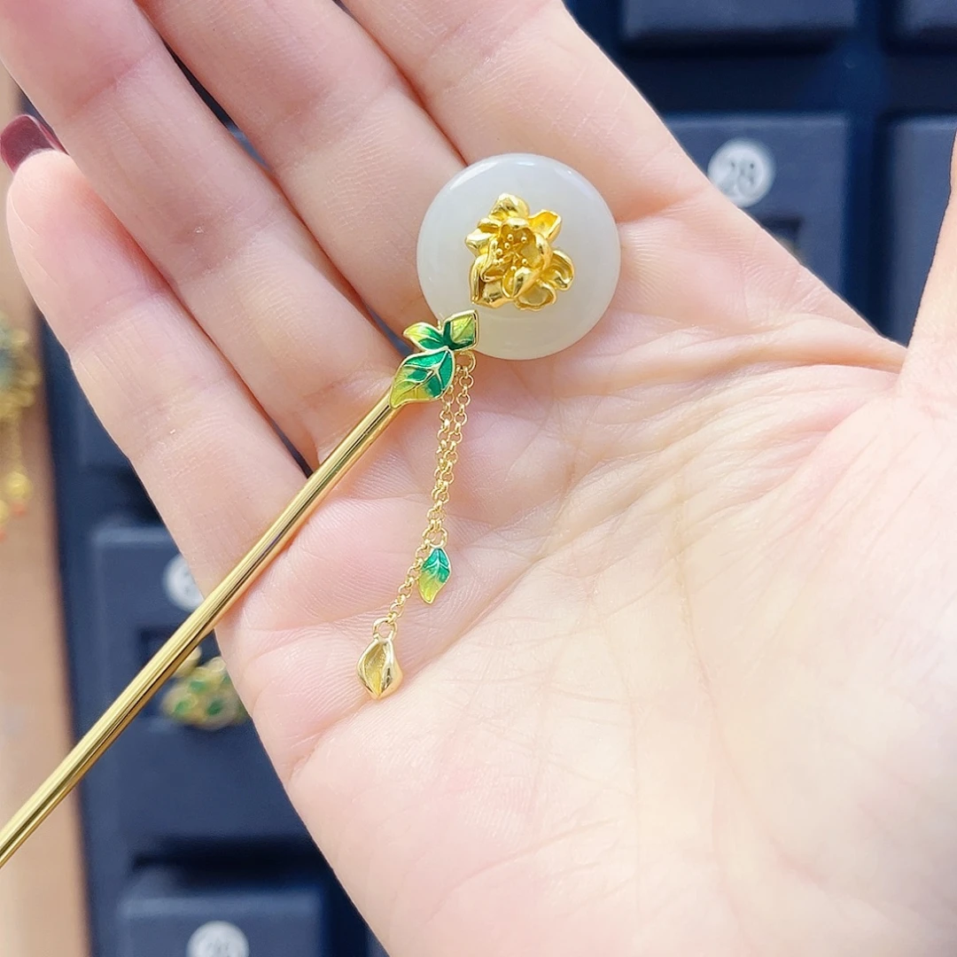 和田玉足银镀金镶嵌发饰