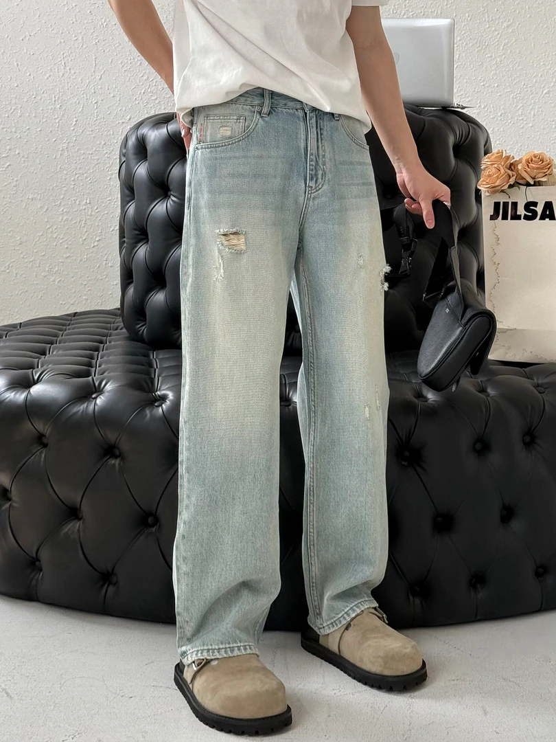 纯棉裤子男蓝色夏季春夏高街休闲破洞长裤水洗牛仔裤直筒