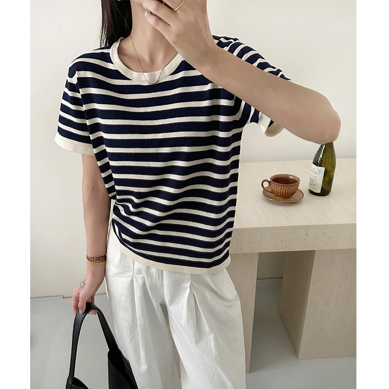 短袖条纹针织衫女薄款夏季新款时尚洋气宽松打底衫t恤百搭上衣