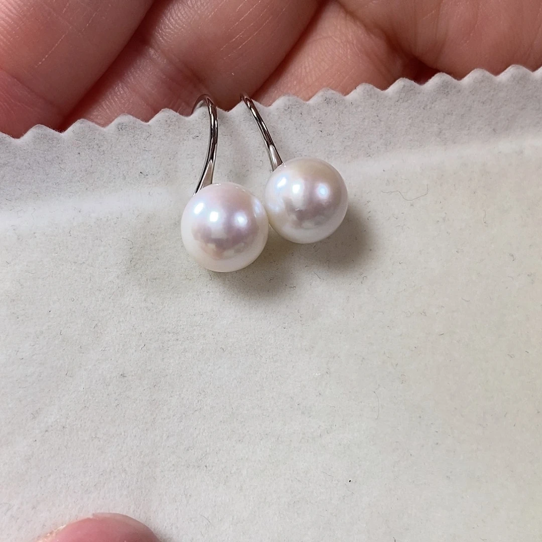 淡水珍珠耳饰银S925镶嵌9-10mm微微瑕