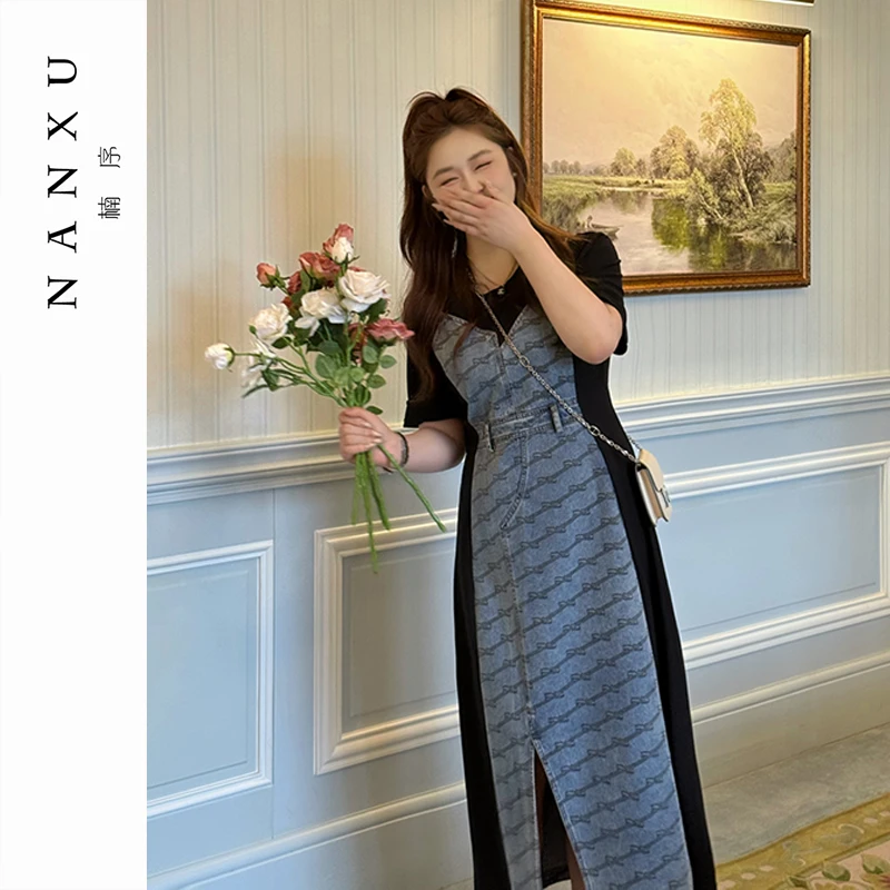 楠序源子微胖女装 服装女牛仔假两件连衣裙大码胖mm连衣裙YZ36052