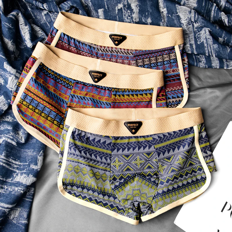 民族风男士内裤男款平角裤纯棉印花男生内裤时尚透气中腰男生底裤